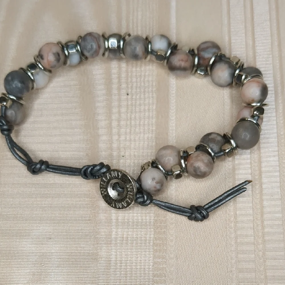 Vintage Boho Willamy Jasper Stone Bracelet Pink Grey Silver Size